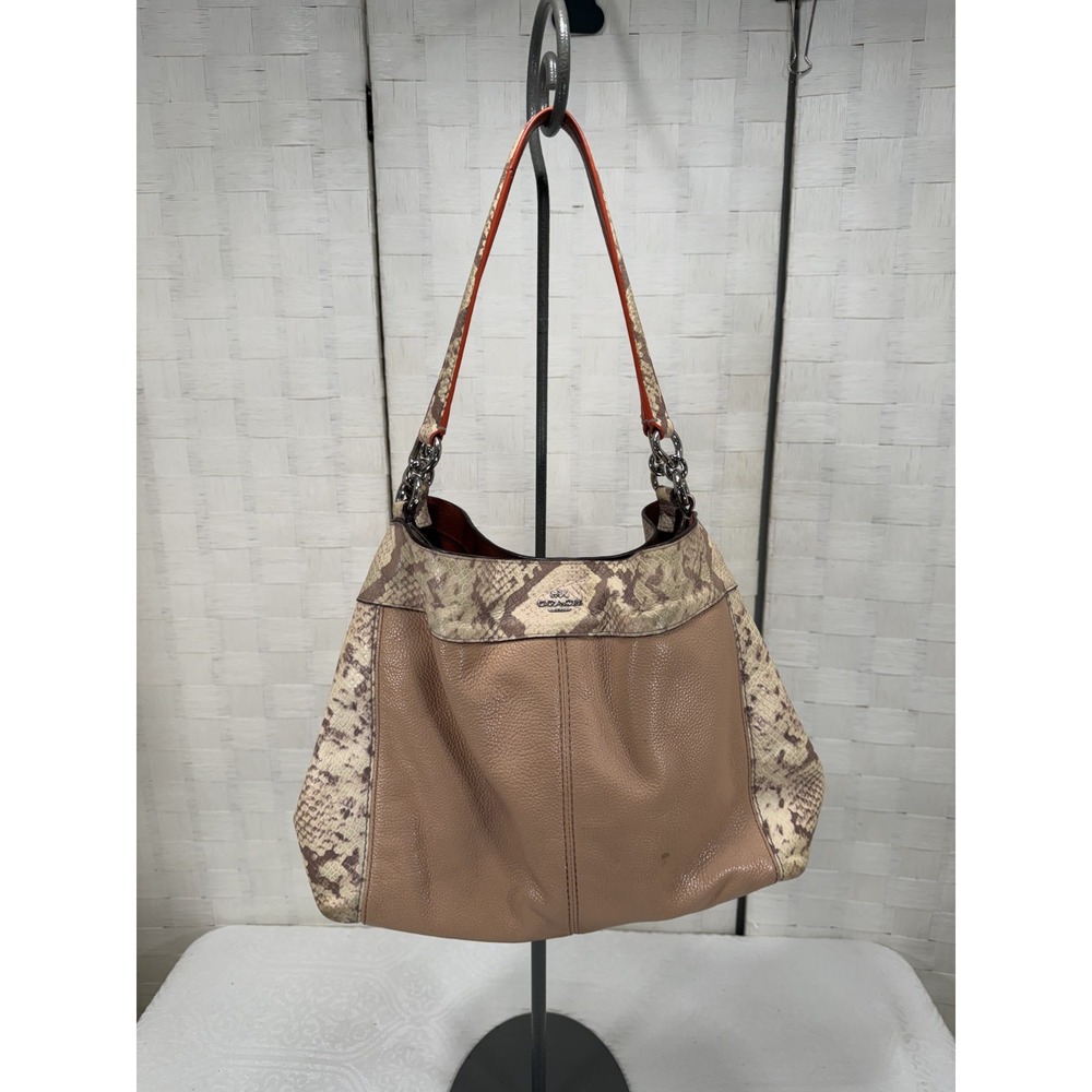 Coach Lexi shoulder bag nude pink pebble leather snakeskin side panels womens